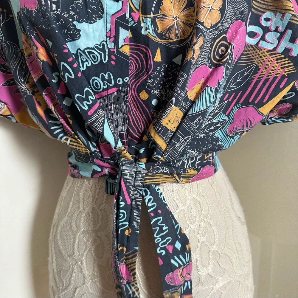 Zara Cropped Tie Front Graphic Button Down Shirt sz S - Picture 4 of 9